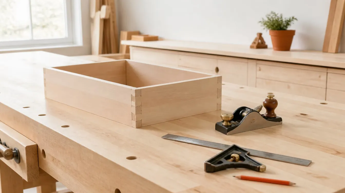 A cabinetmaker's bench with a part-assembled dovetailed drawer box, a block plane and a combination square