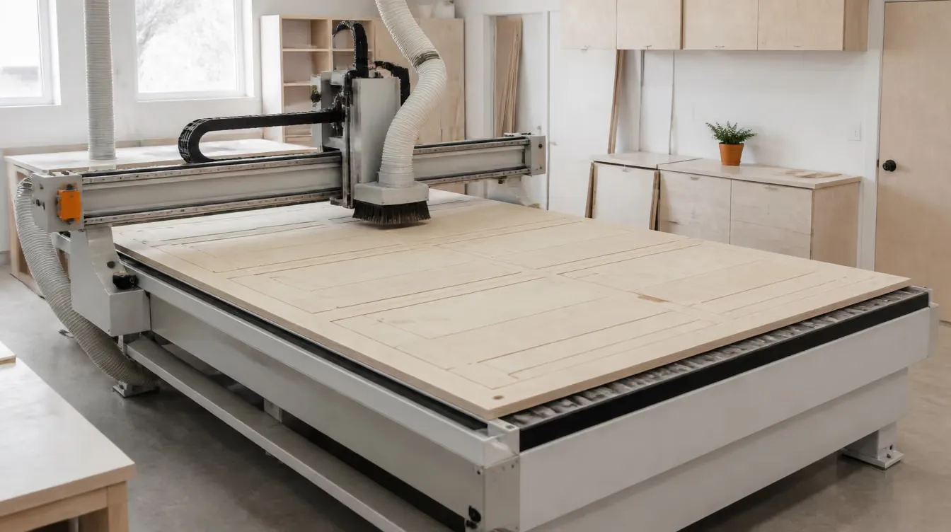 Flatbed CNC router cutting cabinet parts from a full sheet of birch plywood