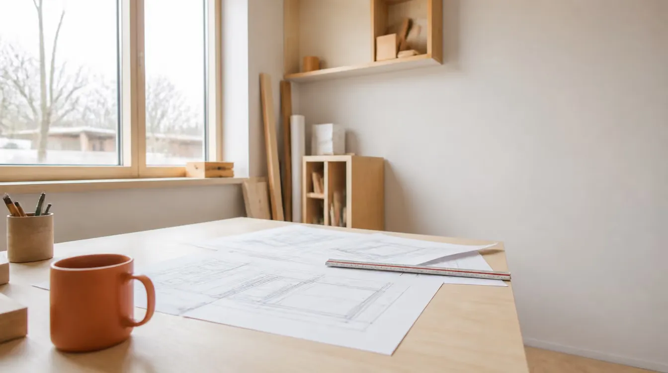 Architectural shop drawings spread across a birch plywood desk beside a scale rule