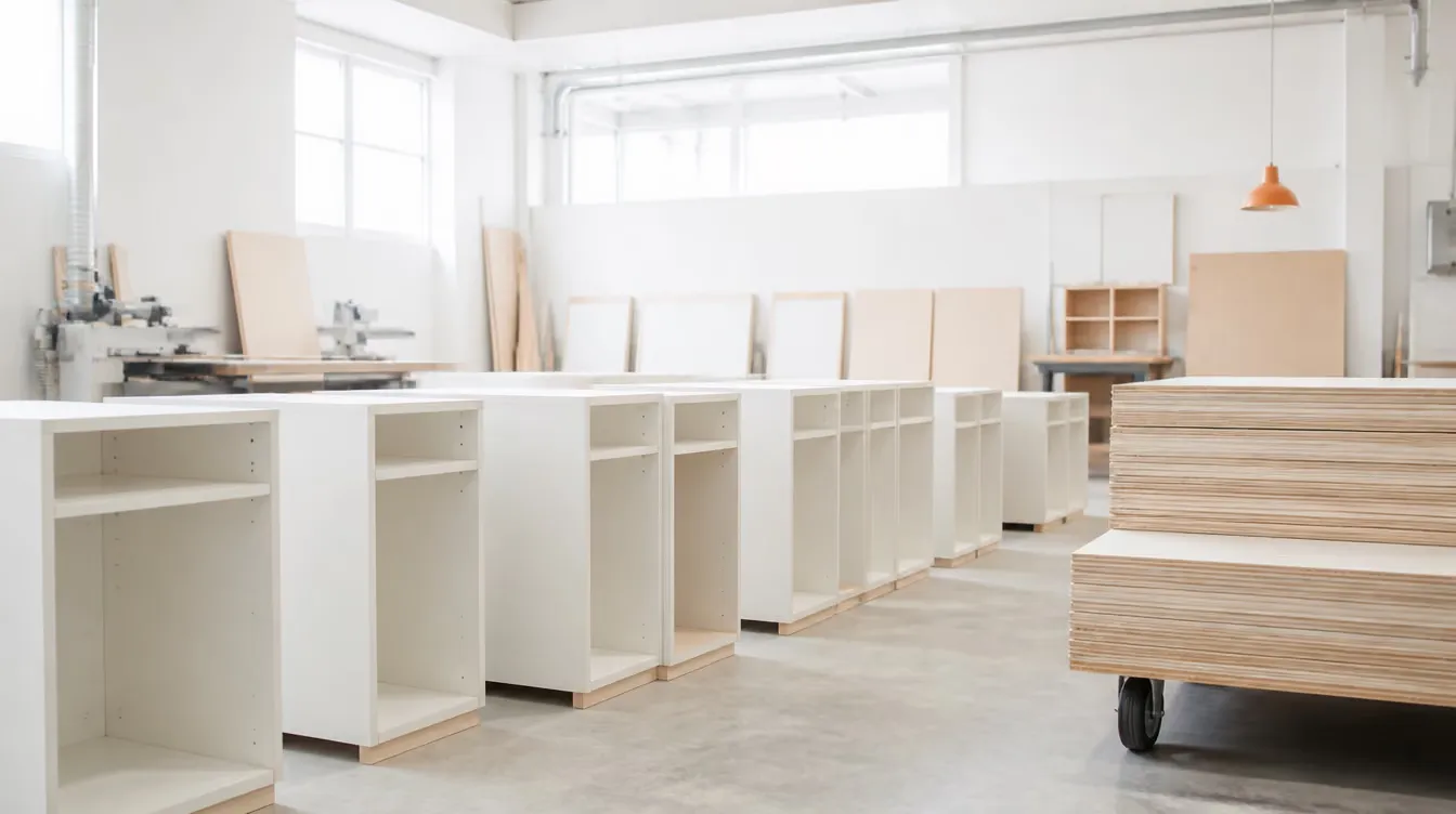 Finished white casework boxes staged in a row beside stacked birch plywood in a millwork shop