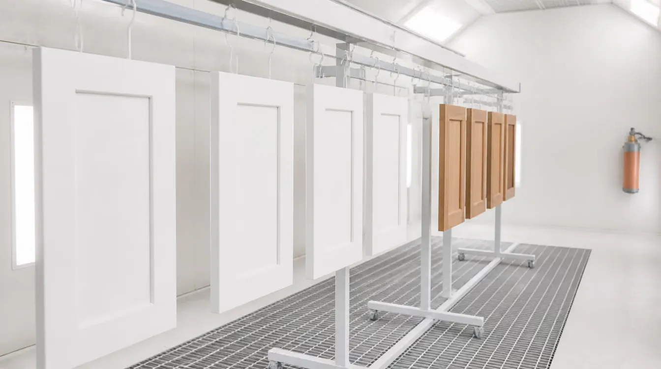 Cabinet doors hanging in even rows on a finishing rack inside a spray booth