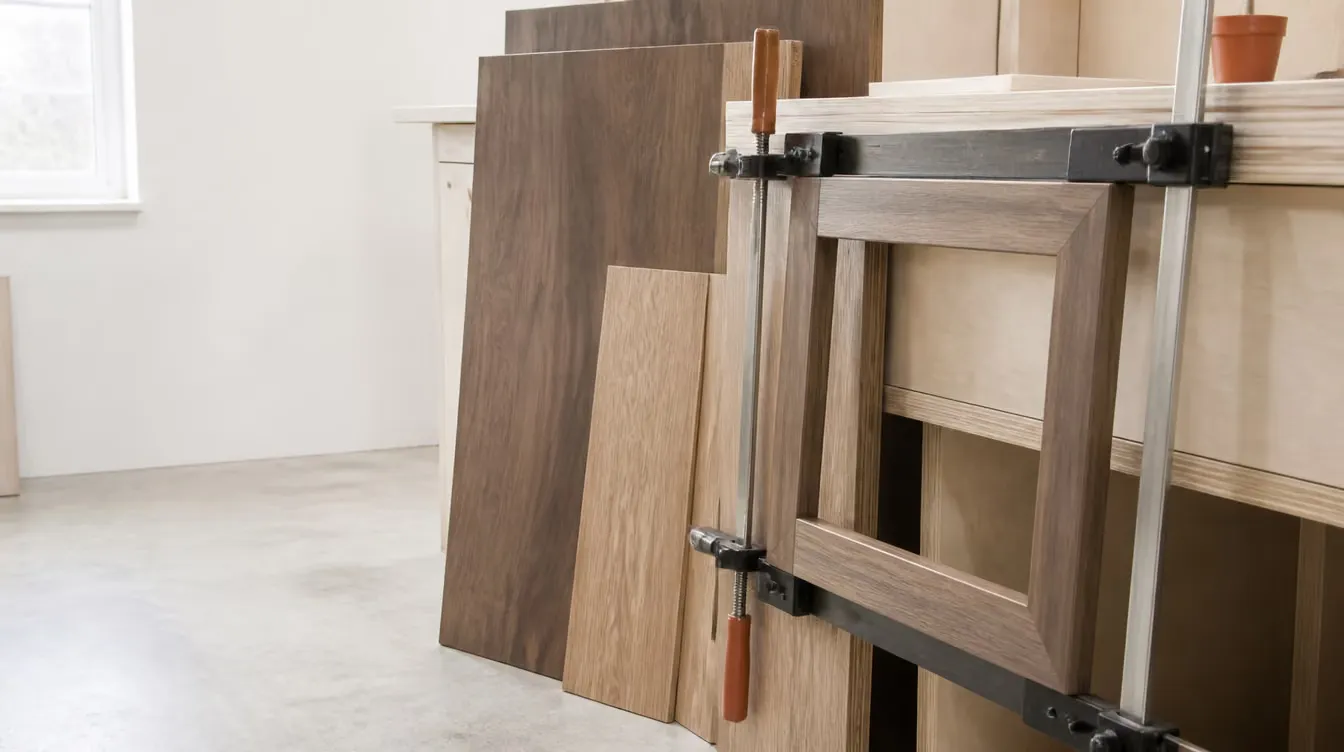 Walnut and white oak veneer panels stacked beside a cabinet face frame held in bar clamps