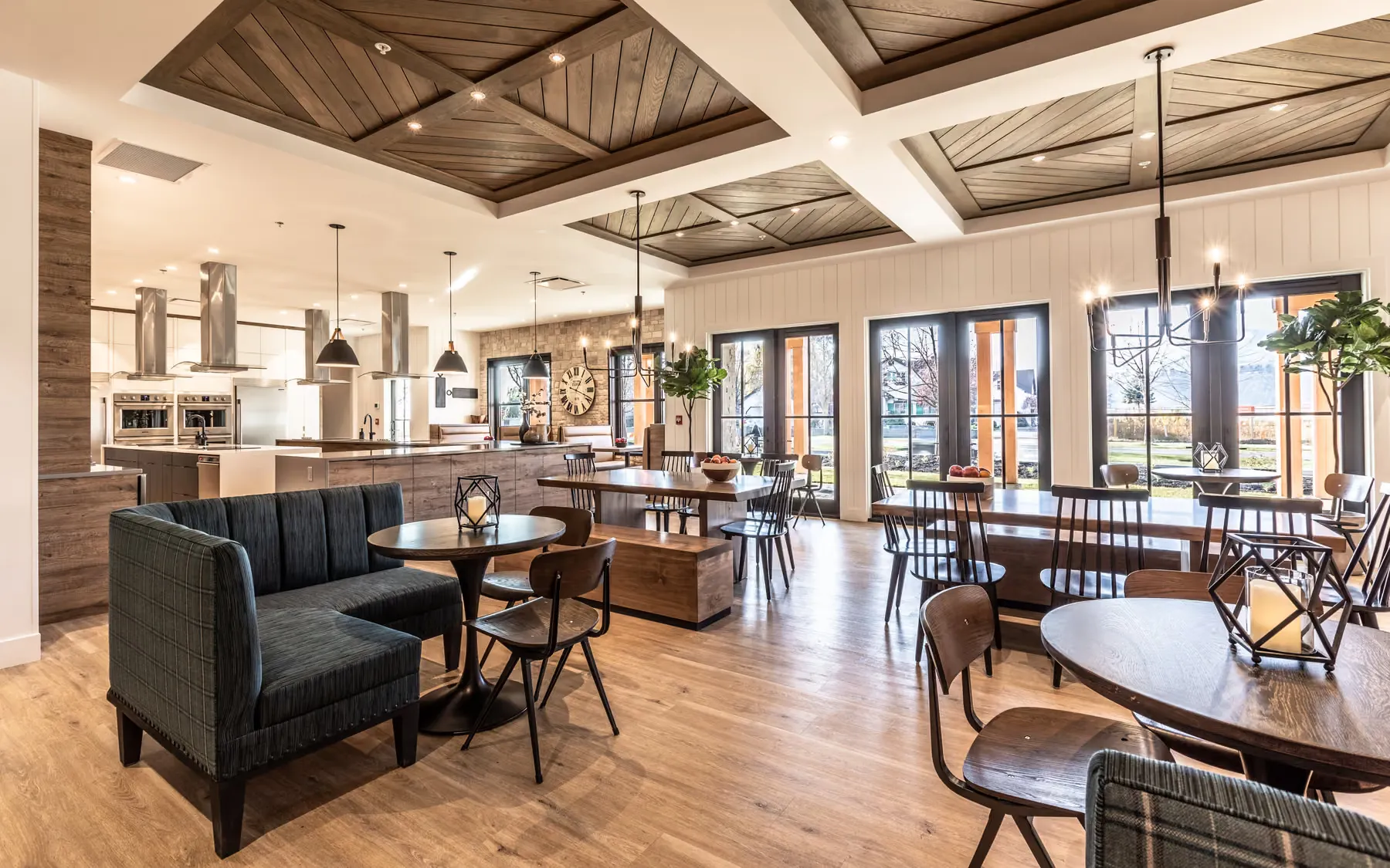 JoeAnna's House coffered wood ceiling above a communal dining space