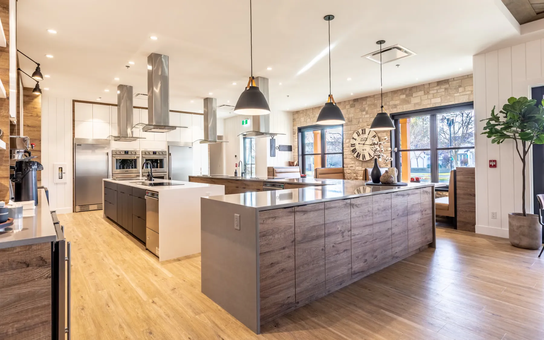 Suite kitchen with walnut island, quartz counter and integrated appliance cabinetry