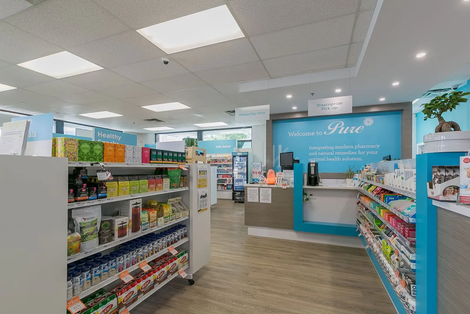 Pharmacy retail floor with custom product shelving